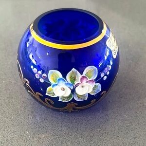 Egermann Bohemian Crystal Bowl In Cobalt Blue Gold And Gilt Applied Flowers